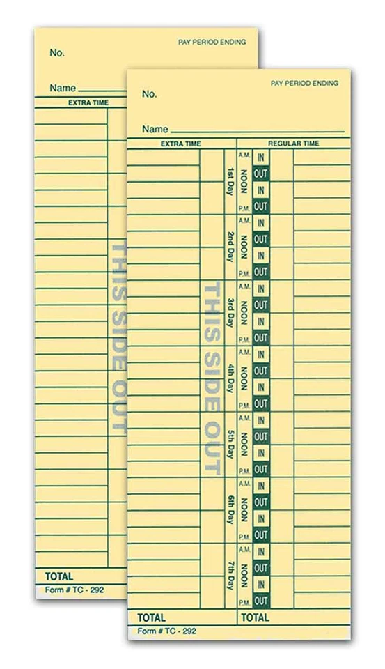 DONKEY AUTO PRODUCTS 2-Sided Time Clock Cards (Form #TC-292) (3.5" x 9") (Green) (250 Per Pack)