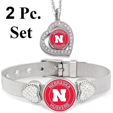 2 PcSet Nebraska Cornhuskers Womens Sterling Silver Necklace With Bracelet Cover