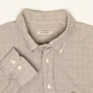 Burberry London Mens Dress Shirt L Brown Beige Glen Plaid Cotton Button Down USA - Picture 1 of 7