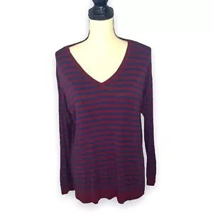 Ann Taylor Loft Maroon Striped V Neck Long Sleeve Shirt size Medium - Picture 1 of 9