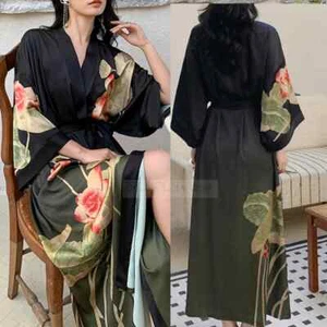 New Summer Female Long Robe Nightgown Sexy Print Flower Kimono Bathrobe Silk Sat - Picture 1 of 44