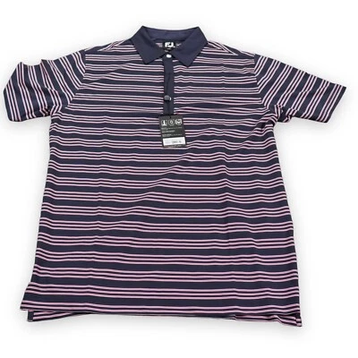 Footjoy Golf Shirt Mens Medium Navy Pink Salmon  triple Stripe Lisle Polo - Image 1 of 4
