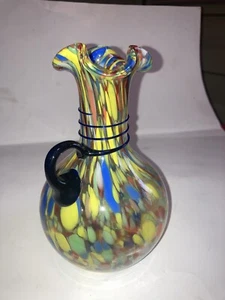 Italienische Murano-Glasvase mit Gitter & verdrehtem Band orange, gelb, grün & blau - Bild 1 von 6