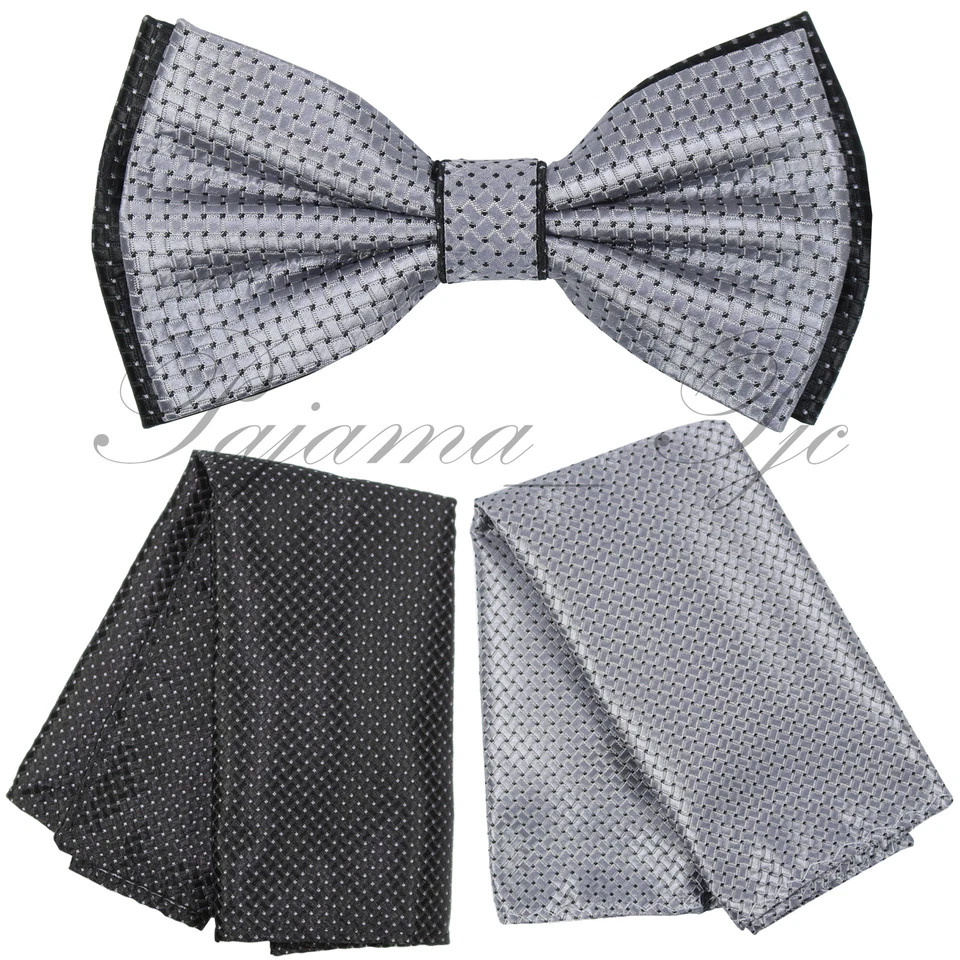 Pajarita a cuadros de dos tonos para hombre o con pañuelo cuadrado de bolsillo gris plateado/negro Foto 1 de 1