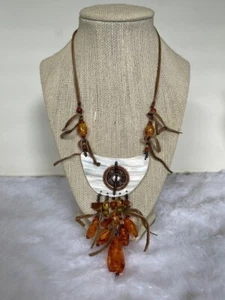 Mother of pearl necklace faux amber Chinese coin Boho Luck Money Tigers eye - Picture 1 of 3