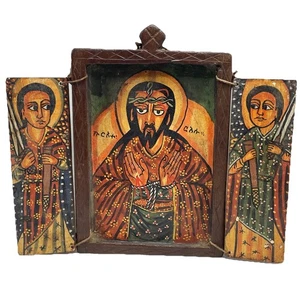Vintage Ethiopian Carved & Painted Wooden Tryptych Icon  /  Christian Orthodox - Picture 1 of 7