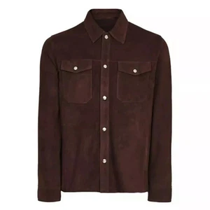 Camisa con botones de cuero marrón oscuro de gamuza para hombre - Camisa informal de motociclista - Imagen 1 de 3