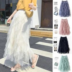 Summer Womens Tiered Ruffle Mesh Tulle Skirt High Elastic Waist Long Party Dress - Picture 1 of 14
