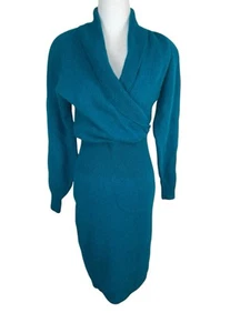 Vintage Raoul Women Sweater Dress Petite S Lambs Wool Angora Teal Cowl Midi - Picture 1 of 24