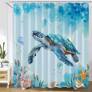 Sea Turtle Shower Curtain - Underwater Animal Seashell Jellyfish Tropical Fis... - Picture 1 of 8