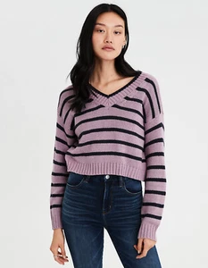Neu American Eagle gestreifter bauchfreier Pullover mit V-Ausschnitt lila Pullover X-Large XL neu mit Etikett - Bild 1 von 5