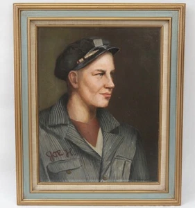 Pintura al óleo vintage de mediados de siglo de 1950 retrato coche mecánico automático hombre guapo - Imagen 1 de 16