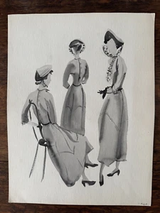 Original Vintage Fashion Drawings Illustrations Vogue 1950s Gouache Paper Rare - Picture 1 of 10