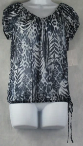 INC Women's Short Cap Sleeve V-Neck Blouse, Navy Blue Multi Pattern Print, XS - Picture 1 of 2