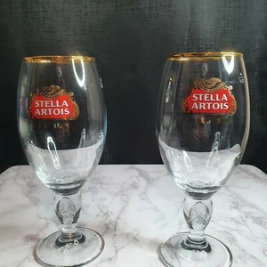Stella Artois Belgium Gold Rimmed Glass Beer Chalice 33CL 7.5" Tall SET OF 2 - Picture 1 of 6