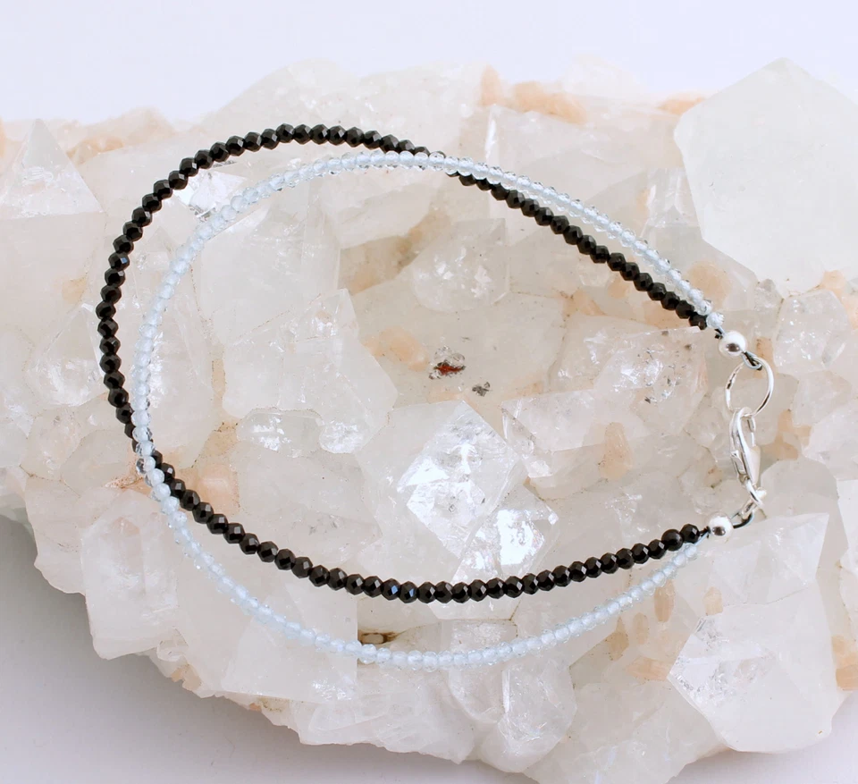 Spinel Blue Topaz Bracelet Gemstone Bangle Ball Jewelry 925Silber Blue-Black - Image 1 of 1