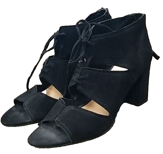 ❅�Botín Franco Sarto Peep Toe Mujer Talla 10 Negro Gamuza Tacones Con Cordones Zapatos Foto 1 de 4