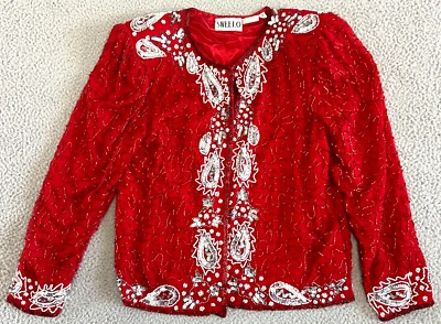 Chaqueta Blazer Vintage Seda Lentejuelas Cuentas Talla Pequeña Cachemira Rojo Blanco Navidad Foto 1 de 4
