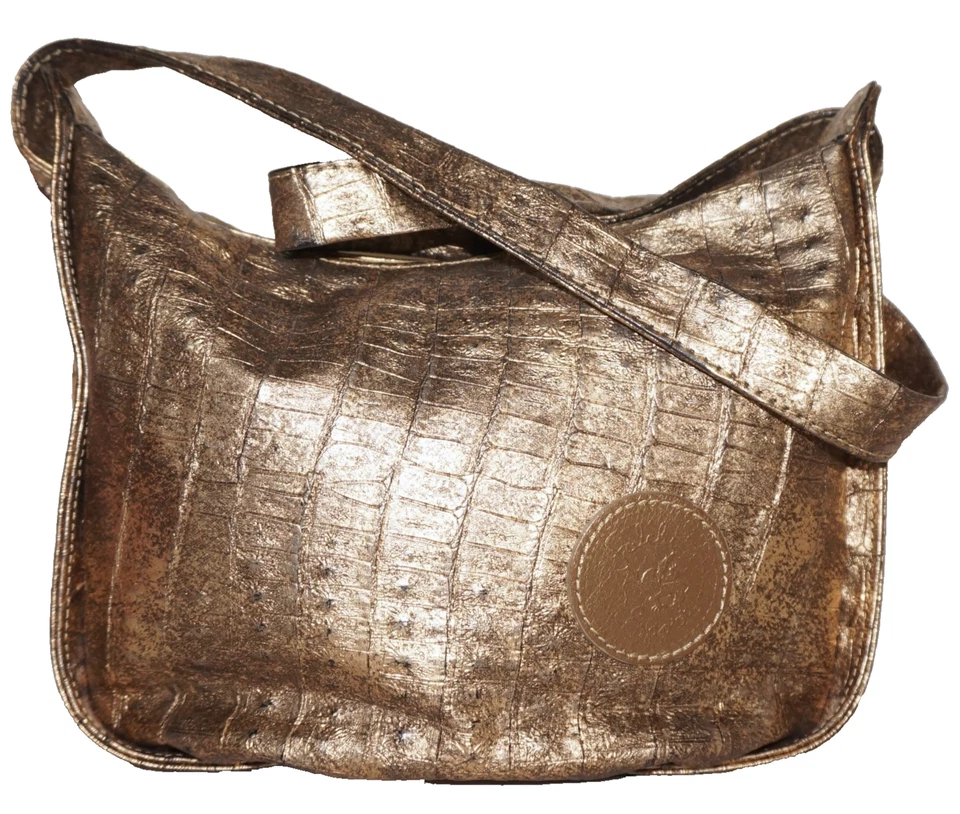 $388 Vintage CARLOS FALCHI Small Gold Wash Distressed Vegan-Leather Shoulder Bag - Image 1 of 4