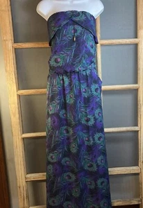 Kirra Woman's Maxi Peacock Sun Dress Sz XL, 15-20x53 Strapless Crepe Flowy BOHO - Picture 1 of 13