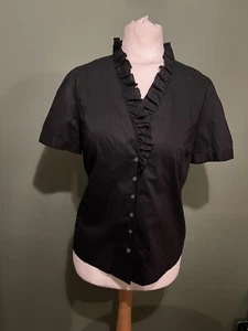 Frame Black Blouse Ruffle Short Sleeve Cotton Size S UK 8 - Picture 1 of 5