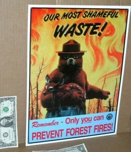 SMOKEY THE BEAR -- Saving Deer From FOREST FIRE -- Embossed Tin Metal Sign -NICE - Picture 1 of 12