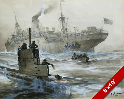 BARCO U ALEMÃO WWI SUBMARINO RESGATANDO PASSAGEIROS PINTURA ARTE TELA REAL IMPRESSÃO - Imagem 1 de 4