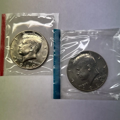 1980 P&D Kennedy Half Dollars from Mint Set in Mint Cello with Free Shipping Cover