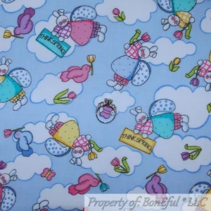 BonEful FABRIC Cotton Quilt VTG Blue White Cloud Sky Easter Bunny Rabbit L SCRAP - Picture 1 of 13