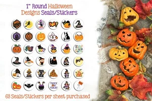 1" Round HALLOWEEN Design STICKERS / Seals, 63 Halloween Stickers - Picture 1 of 1