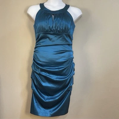 Vestido de cóctel Signature By Sangria halter satinado verde azulado ceñido al cuerpo 14 XL Foto 1 de 4