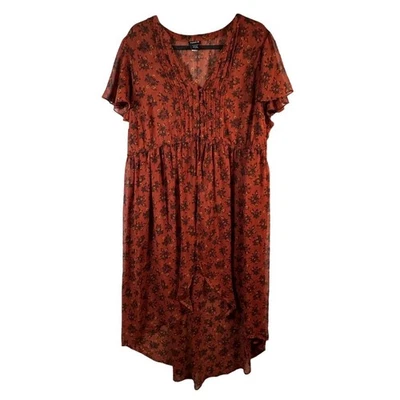 Vestido midi floral transparente Torrid para mujer 2 rojo óxido boho aleteo alto bajo Foto 1 de 4