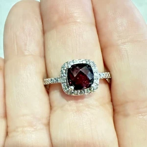 2 Carat Cushion Cut Genuine Garnet & Halo Cz Ring Silver Size 8 Free Gift Box! - Picture 1 of 7