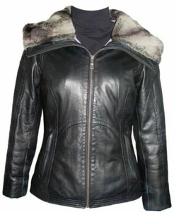 Women 4000 Genuine Leather Lambskin Coat with Hood Fake Fur Anorak Insulation - Picture 1 of 4