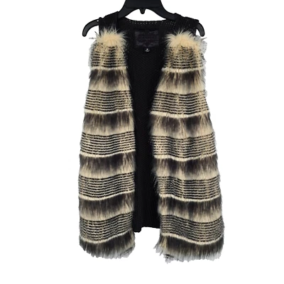 JOUJOU Faux Fur Striped Print Knit Vest Women's Small Trendy Cable Knit Panel - Image 1 of 4