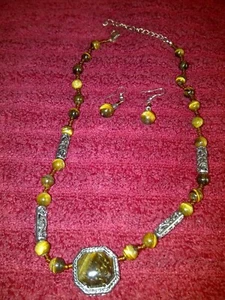 Tigers Eye Necklace & Earrings Set W/ Silvertone Oval Spacers & Amber Seed Beads - Picture 1 of 9