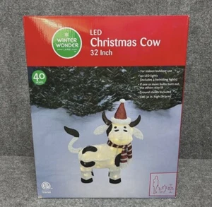 Christmas Cow 32" LED Pre-Lit Yard Art Light Up Holiday White Black Santa Hat - Picture 1 of 9