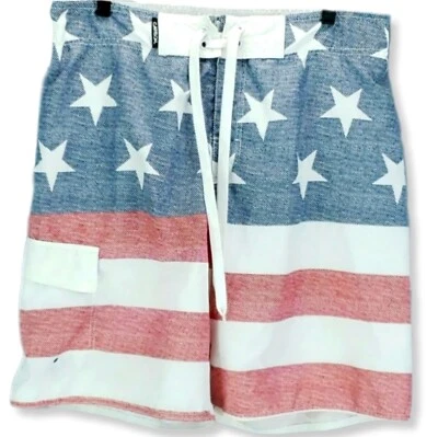 Carbon Mens L Board Shorts Red White Blue USA Flag Mesh Lined  Swim Trunks - Image 1 of 4