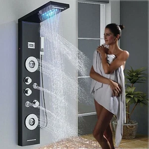 LED Shower Panel Tower System Brushed Black with Handle Massage Jet - Picture 1 of 9