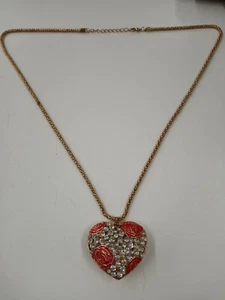 Vintage Betsey Johnson Red Flower Heart Necklace. Nice Condition! - Picture 1 of 7