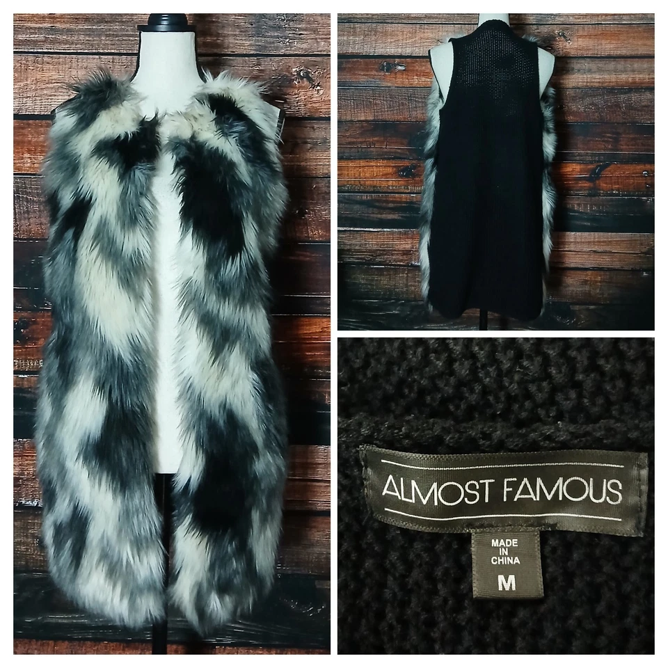 Almost Famous Sweater Vest M Faux Fur Open Front Cream Black Gray - Image 1 of 4