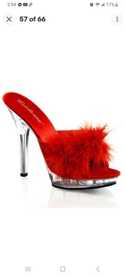 Pleaser Fabulicious 5" Acrylic High Heel Slide Women's Shoes Red Satin Feather - Image 1 of 4