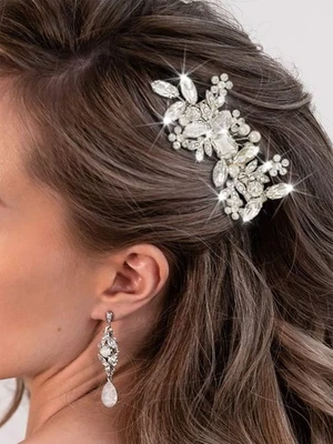 Pinzas para el cabello con flores de diamantes de imitación hoja de plata piezas para el cabello de boda perla nupcial Foto 1 de 4