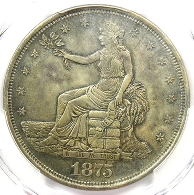 Dólar de plata comercial 1875-CC T$1 - PCGS AU Detalles - Moneda rara de Carson City Foto 1 de 4