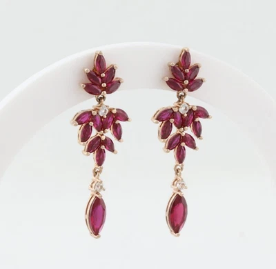 18k Rose Gold Over Sterling  Lab Created Ruby & White Topaz Dangle Earrings 1.5" - Image 1 of 4