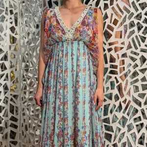 Rene Derhy Floral Maxi Dress Vintage Viscose with Rhinestones Pearls S size - Picture 1 of 11