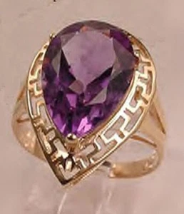 New Fantastic Brillant Large Amethyst Pear Cut 10k Gold Ring Size 7 - Picture 1 of 7