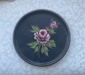Vintage Metal 7 3/4” Round Tole Painted Floral Tray - Picture 1 of 3