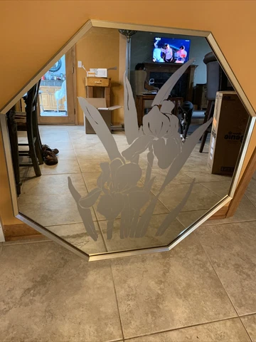 Rare Orleans Company 1980's Art Deco Revival Etched Glass Mirror 37 X 37” Orchi Cover