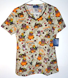 Blusa Médica Para Mujer Acción de Gracias con Lindos Pugs de Cherokee, Nueva, -Talla Pequeña - Imagen 1 de 8